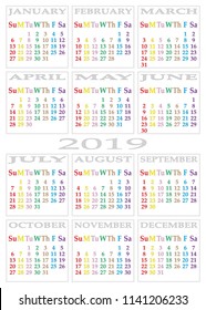 CALENDAR 2019 on white background with specific color for each day of the week