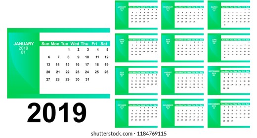 Calendar 2019 on white background for organization and business. Colorful set. Week starts on Sunday. Basic grid. Vector Template.