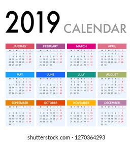 Calendar for 2019 on White Background. Week Starts Monday. Simple Vector Template