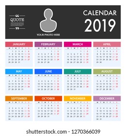 Calendar for 2019 on White Background. Week Starts Monday. Simple Vector Template