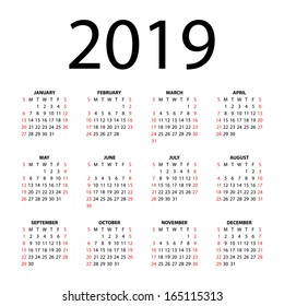 Calendar for 2019 on white background. Vector EPS10.