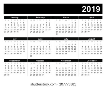 Calendar for 2019 on white background.