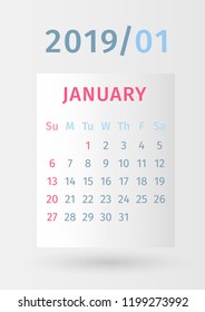 Calendar 2019 paper design. Page January. Week starts on Sunday. Paper design. Eps10 vector.