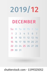 Calendar 2019 paper design. Page December. Week starts on Sunday. Paper design. Eps10 vector.