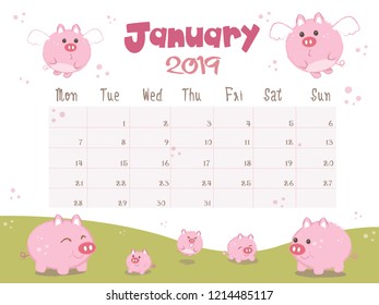 the calendar 2019 with pigs. Cute calendar for 2019 vector and illustration.