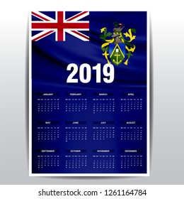 Calendar 2019 Pitcairn Islnand Flag background. English language