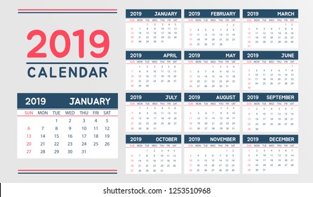 Calendar 2019 planner design template. Vector illustration eps 10.