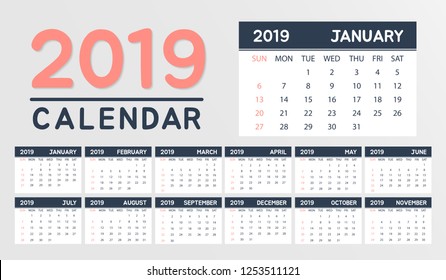 Calendar 2019 planner design template. Vector illustration eps 10.