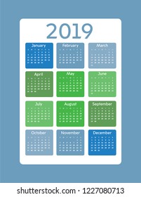 Calendar for 2019. Pocket size, bright design, vector format.