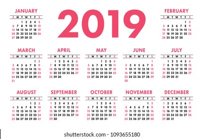 Calendar 2019 pocket. Vector basic grid. Simple design template