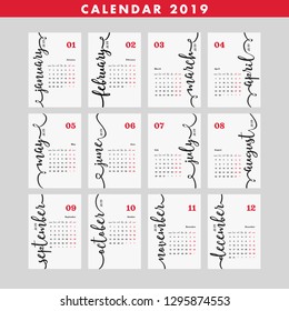 Calendar 2019 Poster White and Red. Design Layout. Diary 2019 Vector Template