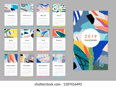 Calendar 2019. Printable creative template. Abstract modern art.