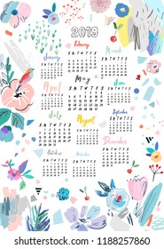 Calendar 2019. Printable creative template. Abstract floral modern art.