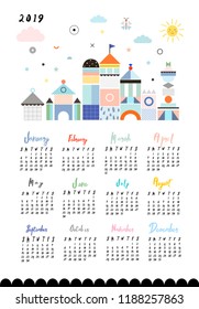 Calendar 2019. Printable creative template. Cute poster and decor for baby room