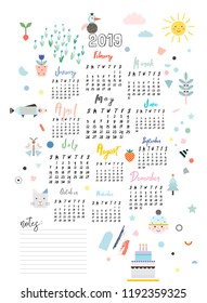 Calendar 2019. Printable creative template. Baby room decor. Cute poster for kids