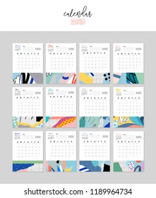 Calendar 2019. Printable creative templates. Set with 12 months. Abstract modern art. Vector