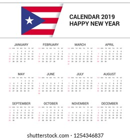 Calendar 2019 Puerto Rico Flag background. English language
