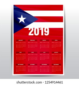 Calendar 2019 Puerto Rico Flag background. English language
