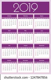 Calendar for 2019 purple background. Simple Vector Template. Isolated illustration.