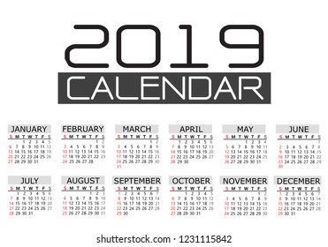 Calendar 2019 red black text number on white background vector illustration.