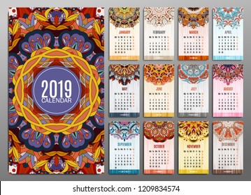 Calendar 2019. Round Ornament Pattern. Vintage decorative elements. Hand drawn background. Islam, Arabic, Indian, ottoman motifs.