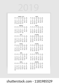 Calendar 2019 in Russian language, week starts on Monday. Vector calendar 2019 year. Vector