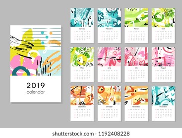 Calendar 2019. Seasons Collage, Abstract Painting Modern Creative Printable Planner. Vector Organizer With Calendar Grid Template. Illustration Of Calendar Planner Page Collection