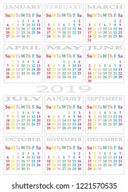 CALENDAR 2019 SEPARATED ON WHITE BACKGROUND with specific color for each day of the week