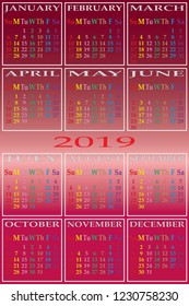 CALENDAR 2019 SEPARATED ON WHITE BACKGROUND with specific color for each day of the week on year color
