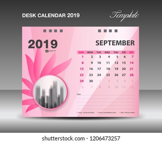 Calendar 2019, SEPTEMBER Month, Desk Calendar Template vector design, pink flower concept, creative idea, advertisement, business flyer, polygonal background