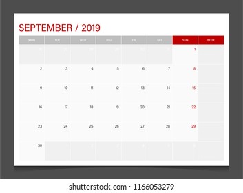 Calendar 2019 September week start Monday corporate design template vector.