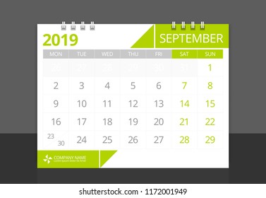 Calendar 2019 September week start Monday corporate design template vector.