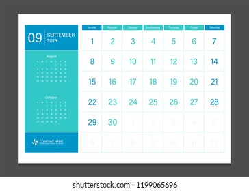 Calendar 2019 September week start Sunday corporate business modern design layout template vector.