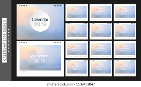 Calendar 2019, Set Desk Calendar template design with Place for Photo and Company Logo. Week Starts on Sunday. Set of 12 Months