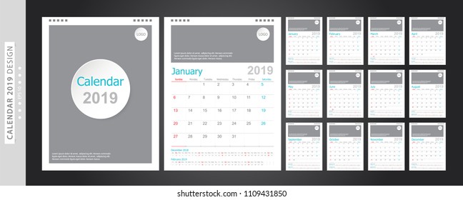 Calendar 2019, Set Desk Calendar template design with Place for Photo and Company Logo. Week Starts on Sunday. Set of 12 Months
