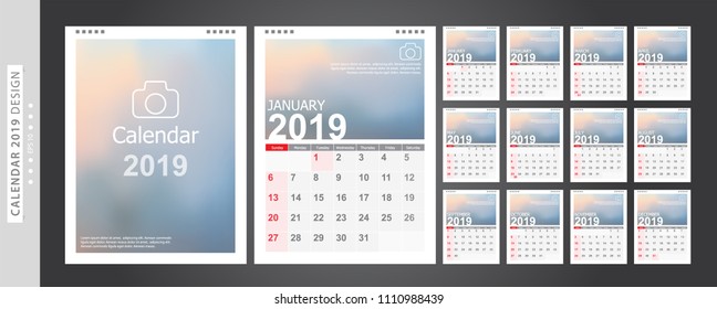 Calendar 2019, Set Desk Calendar template design with Place for Photo and Company Logo. Week Starts on Sunday. Set of 12 Months