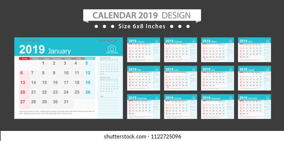 Calendar 2019, Set Desk Calendar template design with Place for Photo and Company Logo. Week Starts on Sunday. Set of 12 Months