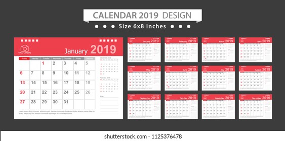 Calendar 2019, Set Desk Calendar template design with Place for Photo and Company Logo. Week Starts on Sunday. Set of 12 Months
