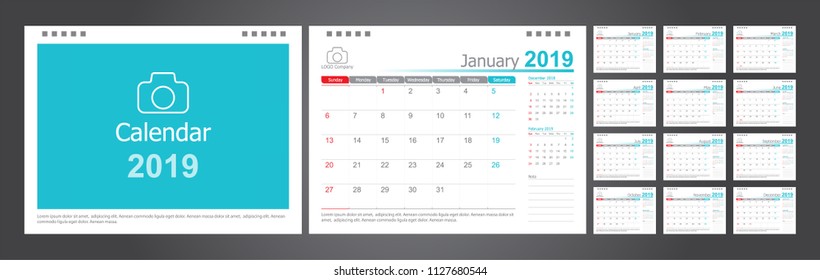 Calendar 2019, Set Desk Calendar template design with Place for Photo and Company Logo. Week Starts on Sunday. Set of 12 Months