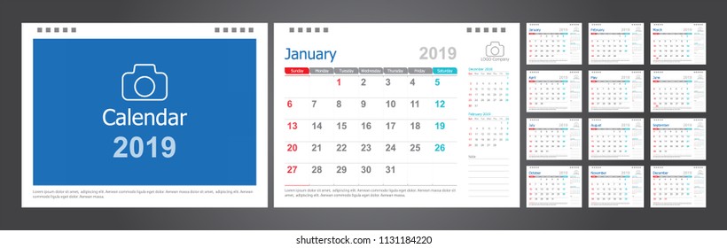 Calendar 2019, Set Desk Calendar template design with Place for Photo and Company Logo. Week Starts on Sunday. Set of 12 Months