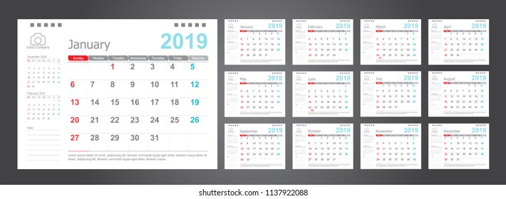 Calendar 2019, Set Desk Calendar template design with Place for Photo and Company Logo. Week Starts on Sunday. Set of 12 Months