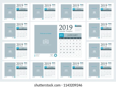 Calendar 2019, Set Desk Calendar template design with Place for Photo and Company Logo. Week Starts on Sunday. Set of 12 Months
