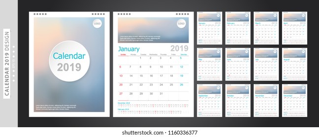 Calendar 2019, Set Desk Calendar template design with Place for Photo and Company Logo. Week Starts on Sunday. Set of 12 Months