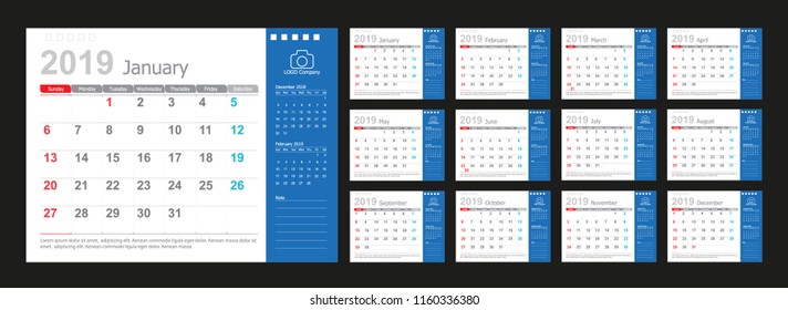 Calendar 2019, Set Desk Calendar template design with Place for Photo and Company Logo. Week Starts on Sunday. Set of 12 Months