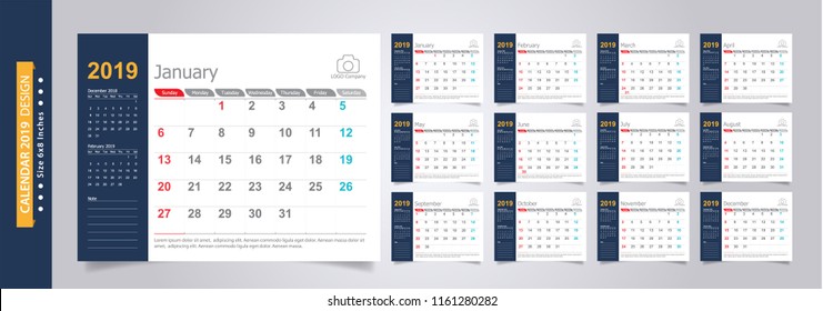 Calendar 2019, Set Desk Calendar template design with Place for Photo and Company Logo. Week Starts on Sunday. Set of 12 Months