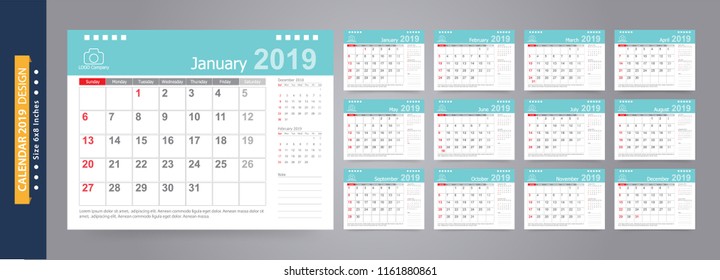 Calendar 2019, Set Desk Calendar template design with Place for Photo and Company Logo. Week Starts on Sunday. Set of 12 Months