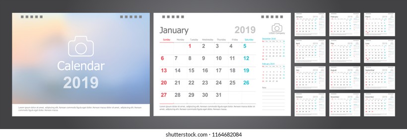 Calendar 2019, Set Desk Calendar template design with Place for Photo and Company Logo. Week Starts on Sunday. Set of 12 Months