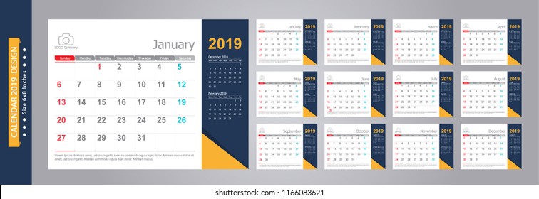 Calendar 2019, Set Desk Calendar template design with Place for Photo and Company Logo. Week Starts on Sunday. Set of 12 Months