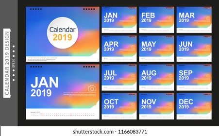 Calendar 2019, Set Desk Calendar template design with Place for Photo and Company Logo. Week Starts on Sunday. Set of 12 Months