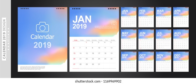 Calendar 2019, Set Desk Calendar template design with Place for Photo and Company Logo. Week Starts on Sunday. Set of 12 Months